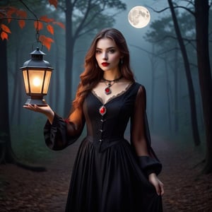 Beautiful girl, dressed in gothic style, long dress, long-sleeved blouse, buttoned up to the neck, dark make-up in vampire style. Around her neck is a necklace with a delicate pendant and a pentagraph symbol on it. Made of precious stone, it emanates a light glow, a red glow.
It runs through an old dark forest. He holds a lantern in his hand to light his way. It's dark, the full moon creates interesting chiaroscuro penetrating through the tree branches.
The forest is slightly foggy, it is raining heavily. Vapor in the exhaled air is sometimes visible, delicate.
Scared, worried.
The compo path is illuminated by old-style lanterns.
Photo quality. Wide frame. Accurate details, high realism.
Perfect girl proportions.