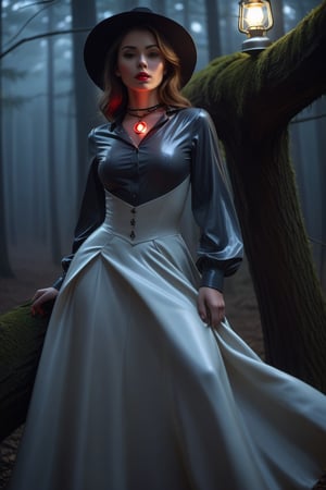 A beautiful girl, dressed in latex style, long dress, long-sleeved blouse, buttoned up to the neck, a necklace around her neck with a delicate pendant with a pentagraph symbol on it. Made of precious stone, it emanates a light glow, a red glow.
It runs through an old dark forest. He holds a lantern in his hand to light his way. It's dark, the full moon creates interesting chiaroscuro penetrating through the tree branches.
The forest is slightly foggy, it's raining. Vapor in the exhaled air is sometimes visible, delicate.
Scared, worried.
Photo quality. Accurate details, high realism.
Perfect girl proportions. Precise face, gagged. The whole figure is visible ,solo,DonMB4nsh33XL ,style,concept