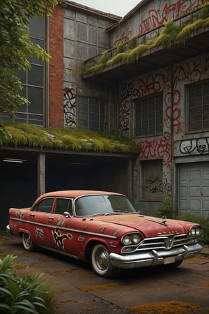 A photo realistic image of a complete rusted, four-door, black and blood red heart , (((1958 Plymouth Fury))) in an old garage full of graffity , night, focus on the intricate details of its faded paint job, the wear and tear on the tires, and the aged textures of the metal body. Use the multi-prompt "car::photorealistic::rust" with a prompt weighting of "rust" to emphasize the aged textures and worn out look of the car, car,photo r3al