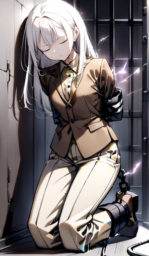 (((Far full body shot))), (((establishing shot))), a (((kneeling against electricity wall))) teenage Japanese girl, (((brown gentleman's suit with brown button up collared long sleeve shirt:1.4))), (((beige long pants:1.2))), ((((arms behind back)))), (((arms cuffed tightly with thick cuffs and thick chains))), (((expressionless with closing eyes:1.4))), ((((her head goes down:1.5)))), ((spread legs)), (((dark prison cell))). (((White hair))), (long hair with fringes with blurry), ((((electrocuted:1.4)))). 