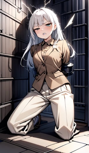 (((Far full body shot))), (((establishing shot))), a (((kneeling against electricity wall))) teenage Japanese girl, (((brown gentleman's suit with brown button up collared long sleeve shirt:1.4))), (((beige long pants:1.2))), ((((arms behind back)))), (((arms cuffed tightly with thick cuffs and thick chains))), (((painful face with teeth with squinting eyes:1.3))), ((spread legs)), (((dark prison cell))), (((gorgeous eyes))). (((White hair))), (long hair with fringes with blurry), ((((electrocuted:1.4)))). 