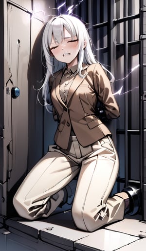 (((Far full body shot))), (((establishing shot))), a (((kneeling against electricity wall))) teenage Japanese girl, (((brown gentleman's suit with brown button up collared long sleeve shirt:1.4))), (((beige long pants:1.2))), ((((arms behind back)))), (((arms cuffed tightly with thick cuffs and thick chains))), (((painful face with teeth with closing eyes:1.3))), ((spread legs)), (((dark prison cell))), (((gorgeous eyes))). (((White hair))), (long hair with fringes with blurry), ((((electrocuted:1.4)))). 