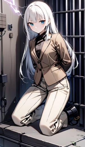 (((Far full body shot))), (((establishing shot))), a (((kneeling against electricity wall))) teenage Japanese girl, (((brown gentleman's suit with brown button up collared long sleeve shirt:1.4))), (((beige long pants:1.2))), ((((arms behind back)))), (((arms cuffed tightly with thick cuffs and thick chains))), (((expressionless))), ((spread legs)), (((dark prison cell))), (((gorgeous eyes))). (((White hair))), (long hair with fringes with blurry), ((((electrocuted:1.4)))). 