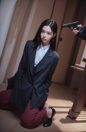 (((((Button_top_collared_blue_blazer_suit:1.5))))),(((((kneeling:1.5))))), (((extra_long_hair_with_complete_fringes_with_blurry:1.4))),(((((medium_body_shot:1.4))))),(beautiful and aesthetic:1.4),((((round cheeks, high-bridged nose, plastic surgery round eyes:1.5)))),(((((dark_tiny_prison_cell:1.4))))),((((another_man_holding_pistol,firing,bullet:1.5)))),
perfect.,Bomi,Enhance,Model ,Asian ,eungirl,((((1girl)))).,((Perfect lips)).,perfect light
