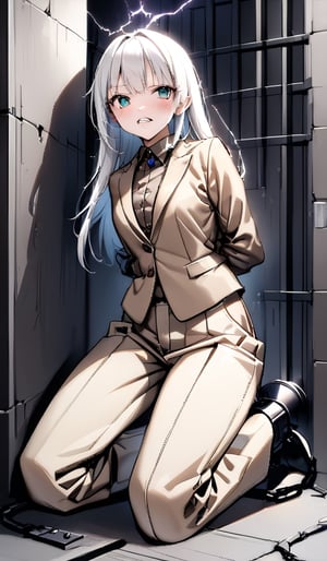 (((Far full body shot))), (((establishing shot))), a (((kneeling against electricity wall))) teenage Japanese girl, (((brown gentleman's suit with brown button up collared long sleeve shirt:1.4))), (((beige long pants:1.2))), ((((arms behind back)))), (((arms cuffed tightly with thick cuffs and thick chains))), (((painful face with teeth:1.3))), ((spread legs)), (((dark prison cell))), (((gorgeous eyes))). (((White hair))), (long hair with fringes with blurry), ((((electrocuted:1.4)))). 