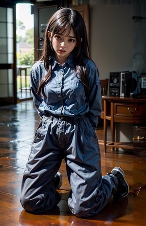 ((((Full body shot, front viewed)))). Raw, extreme detailed, ((1girl)),((young Asian face)),(masterpiece), 8k, (top quality), ((((button_up_collared long sleeve shirt with pockets:1.5)))), ((((mini pants:1.3)))), (beautiful and aesthetic:1.2), (stylish pose), (((((kneeling the floor))))), (((((arms behind back:1.5))))), (((extra long hair with bangs with blurry))), ((((dark_prison_cell:1.3)))). (Ultra-realistic, best photograph, best quality:1.3),
perfect.,Bomi,Enhance