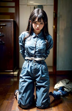 ((((Full body shot, front viewed)))). Raw, extreme detailed, ((1girl)),((young Asian face)),(masterpiece), 8k, (top quality), ((((button_up_collared long sleeve shirt with pockets:1.5)))), (((mini pants:1.3))), (beautiful and aesthetic:1.2), (stylish pose), (((((kneeling the floor))))), (((((arms behind back:1.5))))), (((extra long hair with bangs with blurry))), ((((dark_prison_cell:1.3)))). (Ultra-realistic, best photograph, best quality:1.3),
perfect.,Bomi,Enhance