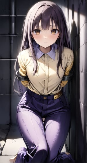 ((((Far body shot)))), (((establishing shot))), a (((kneeling on the floor against wall))) teenage Japanese girl, ((((purple and yellow button_up collared long sleeve shirt)))), ((((arms cuffed tightly with thick handcuffs with steel pipes:1.4)))), ((purple long pants)), ((((arms behind back)))), ((((spread legs)))), (((painful face))), (((abandoned black stone prison cell background))), ((gorgeous brown eyes)), (((body_bent_down))), ((grey hair)), ((long hair with fringes with blurry)). 