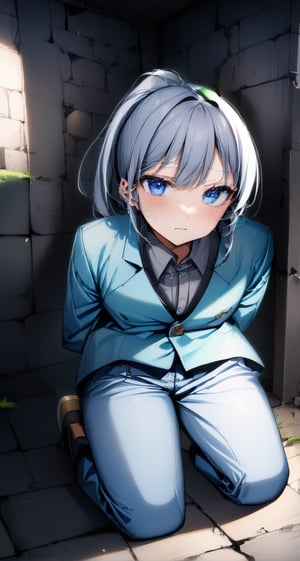 ((((Extreme far body shot)))), ((((establishing far shot)))), a (((kneeling))) 27-years-old teenage Japanese girl, ((((light blue gentleman's suit with dark grey button_up collared long sleeve shirt)))), (((light blue long pants))), ((((arms behind back)))), ((((spread legs)))), (((painful face))), (((abandoned stone prison cell background))), (((gorgeous light blue eyes))), (((grey hair))), ((ponytail hair with fringes with blurry)). 