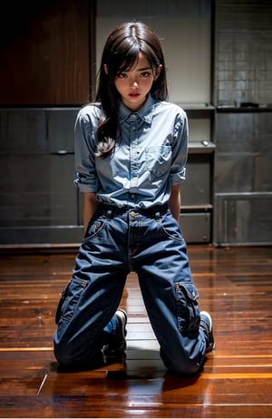 ((((Full body shot, front viewed)))). Raw, extreme detailed, ((1girl)),((young Asian face)),(masterpiece), 8k, (top quality), ((((button_up_collared long sleeve shirt with pockets:1.5)))), ((((mini pants:1.3)))), (beautiful and aesthetic:1.2), (stylish pose), (((((kneeling the floor))))), (((((arms behind back:1.5))))), (((extra long hair with bangs with blurry))), ((((dark_prison_cell:1.3)))). (Ultra-realistic, best photograph, best quality:1.3),
perfect.,Bomi,Enhance