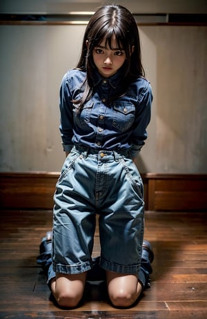 ((((Full body shot, front viewed)))). Raw, extreme detailed, ((1girl)),((young Asian face)),(masterpiece), 8k, (top quality), ((((cotton button_up_collared long sleeve shirt with pockets:1.5)))), (((mini pants:1.3))), (beautiful and aesthetic:1.2), (stylish pose), (((((kneeling the floor))))), (((((arms behind back:1.5))))), (((extra long hair with bangs with blurry))), ((((dark_prison_cell:1.3)))). (Ultra-realistic, best photograph, best quality:1.3),
perfect.,Bomi,Enhance