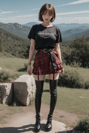 1girl, solo,big breasts, looking at viewer,big smile, short hair, Bangs,brown hair,black t-shirt,(red bias cut plaid layered mini skirt),(dark black Over Knee Thigh High Stocking), jewelry,bracelet,full body,standing,short sleeves,black martin short boots, outdoors, parted lips, sky,belt, necklace, chain,sexy model pose,dusk,rock mountain background,rock style