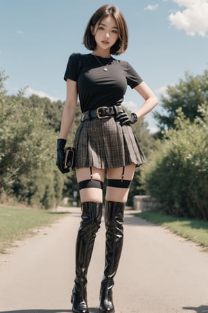1girl, solo,big breasts, looking at viewer,big smile, short hair, brown hair,black t-shirt,black thighhighs, gloves, jewelry, standing,short sleeves,black thick sole mid calf martin boots, outdoors, parted lips, sky,red three-tiered plaid mini skirt, black gloves, belt, black thighhighs, necklace, chain,clenched hands, rock,