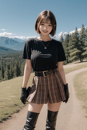 1girl, solo,big breasts, looking at viewer,big smile, short hair, Bangs,brown hair,black t-shirt,dark black thick knee socks,black gloves, jewelry, standing,short sleeves,(dark black thick mid calf martin boots), outdoors, parted lips, sky,red three-tiered plaid mini skirt,belt, black thighhighs, necklace, chain,clenched hands,rock mountain background,