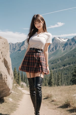 1girl, solo,big breasts, looking at viewer,big smile, medium long hair, Bangs,brown hair,black t-shirt,(red bias cut plaid cake skirt),(dark black Over Knee Thigh High Stocking), jewelry,bracelet,full body,standing,short sleeves,black martin boots, outdoors, parted lips, sky,belt, necklace, chain,sexy model pose,early morning,rock mountain background,rock style