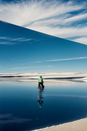 a woman riding a bicycle on a vast ((mirror-like:1.4) salt flat):1.2), her green hoodie contrasting against the mirrored surface, reflecting her image and the blue sky with clouds, horizon stretching infinitely, subtle ripples in the salt flat's surface, shadows elongated and clear, atmosphere serene and surreal, capturing the sense of freedom and tranquility.