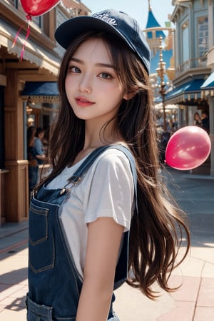 Disneyland,holding a balloon,16 yo,girl,very long hair,wearing denim overalls and basebll cap,smile,Best Quality, 32k, photorealistic, ultra-detailed, finely detailed, high resolution, perfect dynamic composition, beautiful detailed eyes, sharp-focus, cowboy_shot,