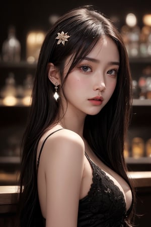 1 beautiful Korean woman, supermodel, long hair, black eyes, makeup, big natural breasts, abs, very bright backlight, solo, {beautiful and detailed eyes}, cool, looking at the audience, hair accessories, earrings, realistic and detailed skin texture , detailed hair, 23 years old, (model pose), attractive figure, bare shoulders, beautiful detailed flowers in hair, dreamy night, and hint of night cityscape in the background, (Masterpiece, Best Quality), Intricate Details, 8k, Official Art, Splash Art, Sharp Focus, Black hair, (Split Art: 1.4), Colorful, Most Detailed, Frontal, (Bar Background :1.5), (Multiple colors: 1.4), front view, honry, slim, tight, sexy pose, depth of field,1 girl