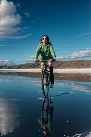 a woman riding a bicycle on a vast ((mirror-like:1.4) salt flat):1.2), her green hoodie contrasting against the mirrored surface, reflecting her image and the blue sky with clouds, horizon stretching infinitely, subtle ripples in the salt flat's surface, shadows elongated and clear, atmosphere serene and surreal, capturing the sense of freedom and tranquility.