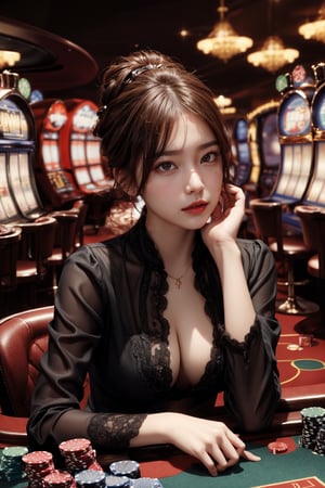 masterpiece, top quality, 1 girl, solo, updo,casino dealer, perfect anatomy, centered, near perfect, highly detailed, artstation, concept art, smooth, sharp focus,Casino Background