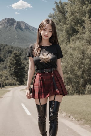 1girl, solo,big breasts, looking at viewer,big smile, medium long hair, Bangs,brown hair,black t-shirt,(red bias cut plaid cake skirt),(dark black Over Knee Thigh High Stocking), jewelry,bracelet,full body,standing,short sleeves,black boots, outdoors, parted lips, sky,belt, necklace, chain,sexy model pose,early morning,rock mountain background,rock style