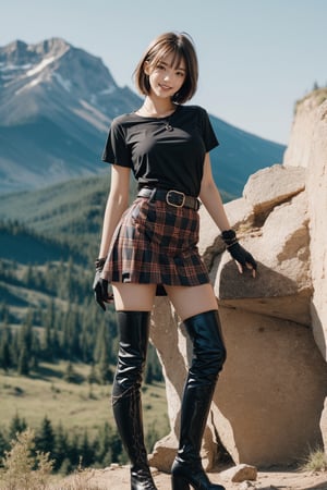 1girl, solo,big breasts, looking at viewer,big smile, short hair, Bangs,brown hair,black t-shirt,(dark black thigh high stockings),black gloves, jewelry,bracelet,full body,standing,short sleeves,(black martin boots), outdoors, parted lips, sky,(red bias cut plaid cake skirt),belt, necklace, chain,sexy model pose,early morning,rock mountain background,rock style
