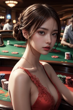 masterpiece, top quality, 1 girl, solo, updo,casino dealer, perfect anatomy, centered, near perfect, highly detailed, artstation, concept art, smooth, sharp focus,Casino Background,