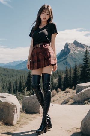 1girl, solo,big breasts, looking at viewer,big smile, medium long hair, Bangs,brown hair,black t-shirt,(red bias cut plaid cake skirt),(dark black Over Knee Thigh High Stocking), jewelry,bracelet,full body,standing,short sleeves,(black martin boots), outdoors, parted lips, sky,belt, necklace, chain,sexy model pose,early morning,rock mountain background,rock style