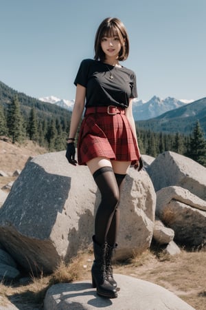1girl, solo,big breasts, looking at viewer,big smile, short hair, Bangs,brown hair,black t-shirt,(dark black thigh high stockings),black gloves, jewelry,bracelet,full body,standing,short sleeves,black martin boots, outdoors, parted lips, sky,(red bias cut plaid cake skirt),belt, necklace, chain,sexy model pose,early morning,rock mountain background,rock style