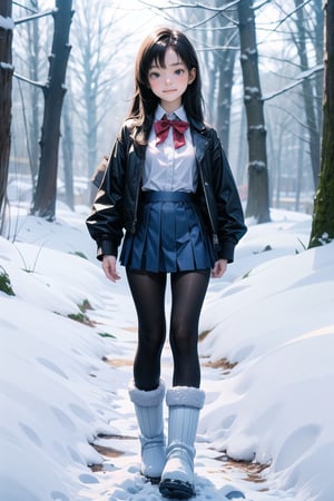 主：(foggy woods),((Full body image)),
人：1litte 1kid 7yo gril (Child:1.2),
體：(Beautiful little girly body proportions),(smaller body frame),
髮：(long hair),
服：(Student uniform), (mini pleated skirt),(black compression tights), (((snow boots))),((UNIFORM JACKET)),