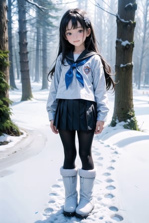 主：(foggy woods),((Full body image)),
人：1litte 1kid 7yo gril (Child:1.2),
髮：(long hair),
服：(Student uniform), (mini pleated skirt),(black compression tights), (((snow boots))),