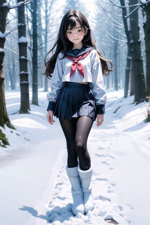 主：(foggy woods),((Full body image)),
人：1litte 1kid 7yo gril (Child:1.2),
體：(Beautiful little girly body proportions),(smaller body frame),
髮：(long hair),
服：(Student uniform), (mini pleated skirt),(black compression tights), (((snow boots))),