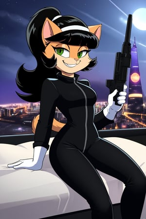 (((kitty katswell))), masterpiece, best quality, 4k, 1 girl, alone, domestic cat, smile, green eyes, squinty eyes, animal ears, long hair, long fluffy cat tail, white gloves, teeth, jumpsuit, bangs, hairy girl, sleeve, looking at viewer, gloves, happy, smile, funny expression, furry, white turtleneck sweater, black double-breasted jacket with lapels, white boots, side locks, white hair band, body skin, teenage body, slim body, 14 year old girl, black hair, black jacket, long sleeves, white knee high boots, shiny, pants, white knee high boots, tilted head, black jumpsuit, animal nose , ponytail, smile, the feline girl has a fluffy feline tail, setting: she holds on to the footboard of a helicopter while holding a futuristic gun in the other hand, in the background you can see the city. Cartoon, masterpiece, best quality, 4k, 8k, high resolution, ultra detailed, vivid colors, cel-shading, character design, expressive faces