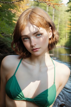 realhands Very detailed, high quality, masterpiece, beautiful and perfect eyes, realistic photo, (American shot) 14 year old Caucasian teenage girl with short orange hair, green eyes, many freckles in the face, small breasts, small body, knowing smile, bikini, standing by the river, in the background in the coniferous forest in autumn,Extremely Realistic,hubggirl,Lisa