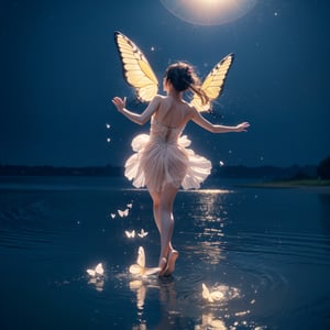 A very hyper photorealistic of a fabulous beutiful butterfly Japanese girl flying and dancing in the with brightly moonlight and sparkling water with dreamful and nightly effects, hyper realism, sparkling reflections, HD, high quality 3D, 8D, full high quality professional cinema 225k, reflections, high quality resolution, High quality digital, high detailed of everything