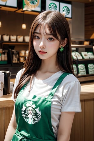 1 girl, very bright backlighting, solo, {beautiful and detailed eyes}, large breasts, dazzling moonlight, calm expression, natural and soft light, hair blown by the breeze, delicate facial features, Blunt bangs, beautiful korean girl, eye smile, very small earrings,(working at Starbucks wearing a white T-shirt and a green apron:1.3),23yo, film grain, realhands,shy smile