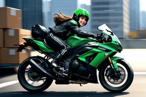 Masterpiece, top quality, 1woman, mail carrier, looking at viewer, smile, long hair, choppy bangs, black hair. A female Taiwanese postal worker wearing a full green uniform, a white helmet on head, black boots, riding a motorcycle, with letters and parcels to be delivered on the motorcycle. Outdoors, dynamic, highly detailed, concept art, smooth, sharp focus.
