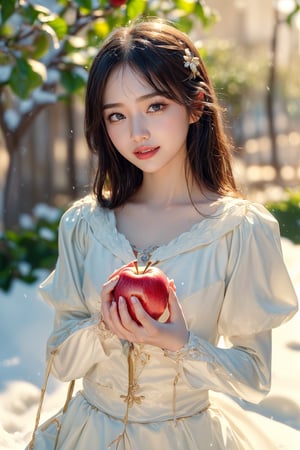 (masterpiece, best quality:1.4), (beautiful, aesthetic, cute, adorable:1.2), (depth of field:1.2), (sexy Snow White holding an apple and looking at viewer, smiling:1.3)