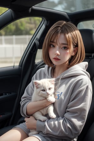 Generate hyper realistic image of a young woman with light brown hair and grey eyes. She is wearing a grey hoodie with a white letters "OK" on it. She is sitting in a car and the window is open. She is holding a white persian kitten in her arms. The kitten is looking at the camera. The background is out of focus.