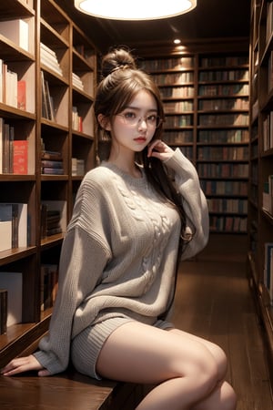 one beautiful girl,{masutepiece}, ((Best Quality)), hight resolution, {{Ultra-detailed}}, {extremely details CG}, {8k wall paper},kawaii,anime, Library Ladder, Climbing to reach a top-shelf book, Evening, Books of various sizes surrounding her, Vertical view of the tall bookshelf, Warm overhead lighting, Focus on her curiosity, Leather and paper Texture, Knowledge-seeking Mood, Wearing glasses and a sweater, Hair in a loose bun,crossed_legs_(sitting)