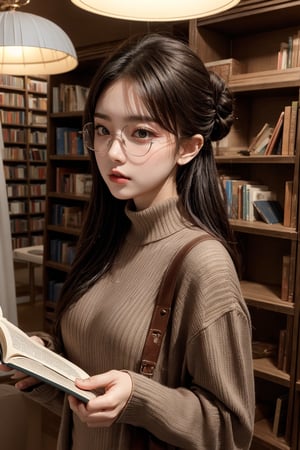 one beautiful girl,{masutepiece}, ((Best Quality)), hight resolution, {{Ultra-detailed}}, {extremely details CG}, {8k wall paper},kawaii,anime, Library Ladder, Climbing to reach a top-shelf book, Evening, Books of various sizes surrounding her, Vertical view of the tall bookshelf, Warm overhead lighting, Focus on her curiosity, Leather and paper Texture, Knowledge-seeking Mood, Wearing glasses and a sweater, Hair in a loose bun,look at viewer
