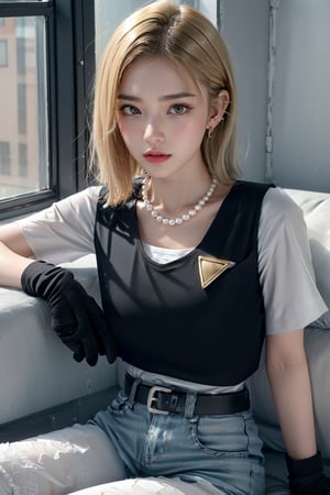 (RAW photo, best quality), (real, photo real: 1.3), high resolution, 18, 1 girl, android 18, solo, blonde, short hair, blue eyes, pretty eyes, belt, skinny jeans, pearls Necklace, bracelet, ((black gloves)), (white vest), short sleeves, earrings, blue pants, open vest, (black vest), (medium chest), thin waist, (wide hips), Android_18, female 1, Real hands and beautiful legs, hot figure, (curl up and lie on your side 1.2)