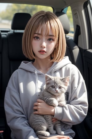 Generate hyper realistic image of a young girl with light brown hair and grey eyes. She is wearing a grey hoodie with a white letters "OK" on it. She is sitting in a car and the window is open. She is holding a white persian kitten in her arms. The kitten is looking at the camera. The background is out of focus.