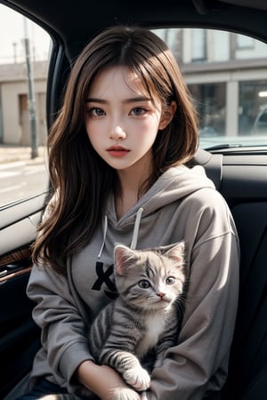 Generate hyper realistic image of a young girl with light brown hair and grey eyes. She is wearing a grey hoodie with a white letters "OK" on it. She is sitting in a car and the window is open. She is holding a white persian kitten in her arms. The kitten is looking at the camera. The background is out of focus.