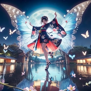 1girl, solo, smile, short hair, bangs, black hair, hair ornament, long sleeves, blue hair, standing, flower, japanese clothes, wings, sky, hair flower, wide sleeves, kimono, water, sash, night, obi, floral print, moon, sandals, outstretched arms, bug, butterfly, night sky, full moon, reflection, short kimono, butterfly wings, blue butterfly
