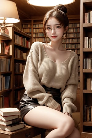 one beautiful girl,{masutepiece}, ((Best Quality)), hight resolution, {{Ultra-detailed}}, {extremely details CG}, {8k wall paper},kawaii,anime, Library Ladder, Climbing to reach a top-shelf book, Evening, Books of various sizes surrounding her, Vertical view of the tall bookshelf, Warm overhead lighting, Focus on her curiosity, Leather and paper Texture, Knowledge-seeking Mood, Wearing glasses and a sweater, Hair in a loose bun.looking at viewer,(big sunny smile),crossed_legs_(sitting)