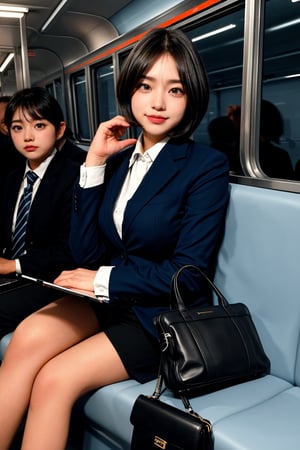 The train in the morning was crowded with people. A young professional woman squeezed into the carriage. She was wearing a simple and decent business suit, perhaps a dark blue or black blazer with a pencil skirt, looking capable yet fashionable. She wore a pair of comfortable low-heeled shoes and carried a delicate leather briefcase containing a laptop and work materials. Her hair is neat, perhaps a simple ponytail or a clean short bob, and her makeup is subtle, showing that she takes her professional image seriously. In the crowded carriage, she held the armrest in one hand and her smartphone in the other, browsing the morning news or answering work emails, looking busy and focused. Even in the crowd, she still remained polite and patient, occasionally raising her head and observing her surroundings, with a trace of concentration and expectation on her face. Her eyes reveal confidence and perseverance, giving people a sense of independence and vitality.