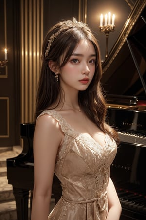 In this photorealistic, a stunning woman adorned in a beautiful Gothic dress is depicted at a grand night gala, illuminated by the soft glow of candlelight. She stands elegantly beside a grand piano, her posture poised and graceful. The intricate details of her dress, with its lace and velvet accents, are rendered with meticulous realism, emphasizing its opulence and sophistication. Her gaze is enigmatic, hinting at a depth of emotion beneath her composed exterior. The atmosphere is one of refined elegance and timeless charm, evoking the allure of an aristocratic soirée from a bygone era.