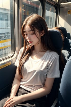 mikas A girl in a white T-shirt looking down, dozing off on a train seat