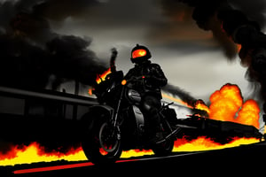 A woman is riding on the highway (((riding a black medium-sized motorcycle))). ((She has sharp eyes and is cold and serious, wearing a black leather jacket and boots)), (((Holding a grenade gun in her left hand))). The composition centers on her, facing the viewer head-on. Motorcycles dominate the foreground. (((A truck is engulfed in flames and smoke in the background))), adding to the drama and tension. The fine details of explosions, moving motorcycles, and vast skies all combine to create the dynamic and thrilling atmosphere of this scene.
